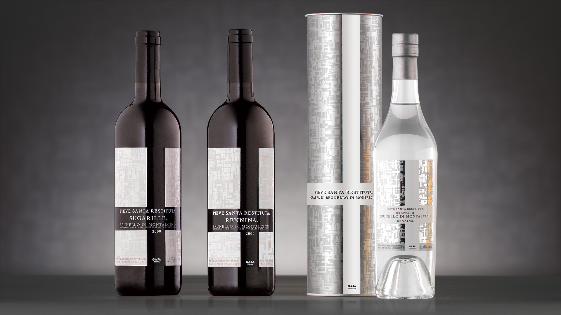 Gaja Santa Restituta vino grappa packaging