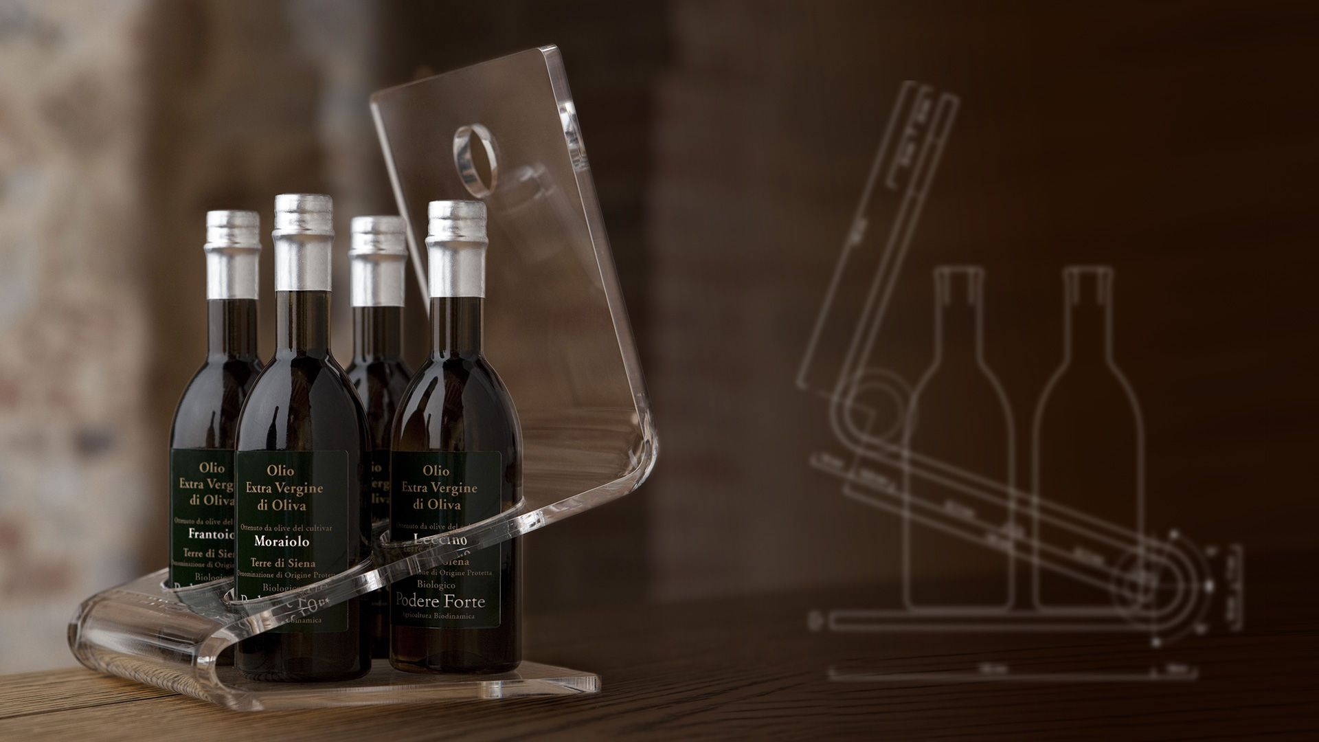 Podere Forte olio espositore packaging